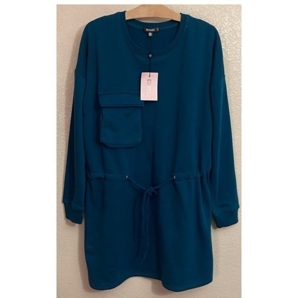 Missguided Teal Utility Pocket Sweater Dress Drawstring Waist US Plus Size 2 NWT